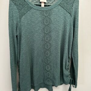 Knox Rose Teal Crochet Accent Long Sleeve Top S
